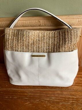 Steve Madden White and Tan Woven-Trim Shoulder Bag